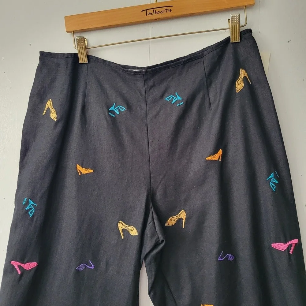 Signatures by Richard Malcolm Linen Pants Women 14P‎ Black Embroidered Heel Shoe